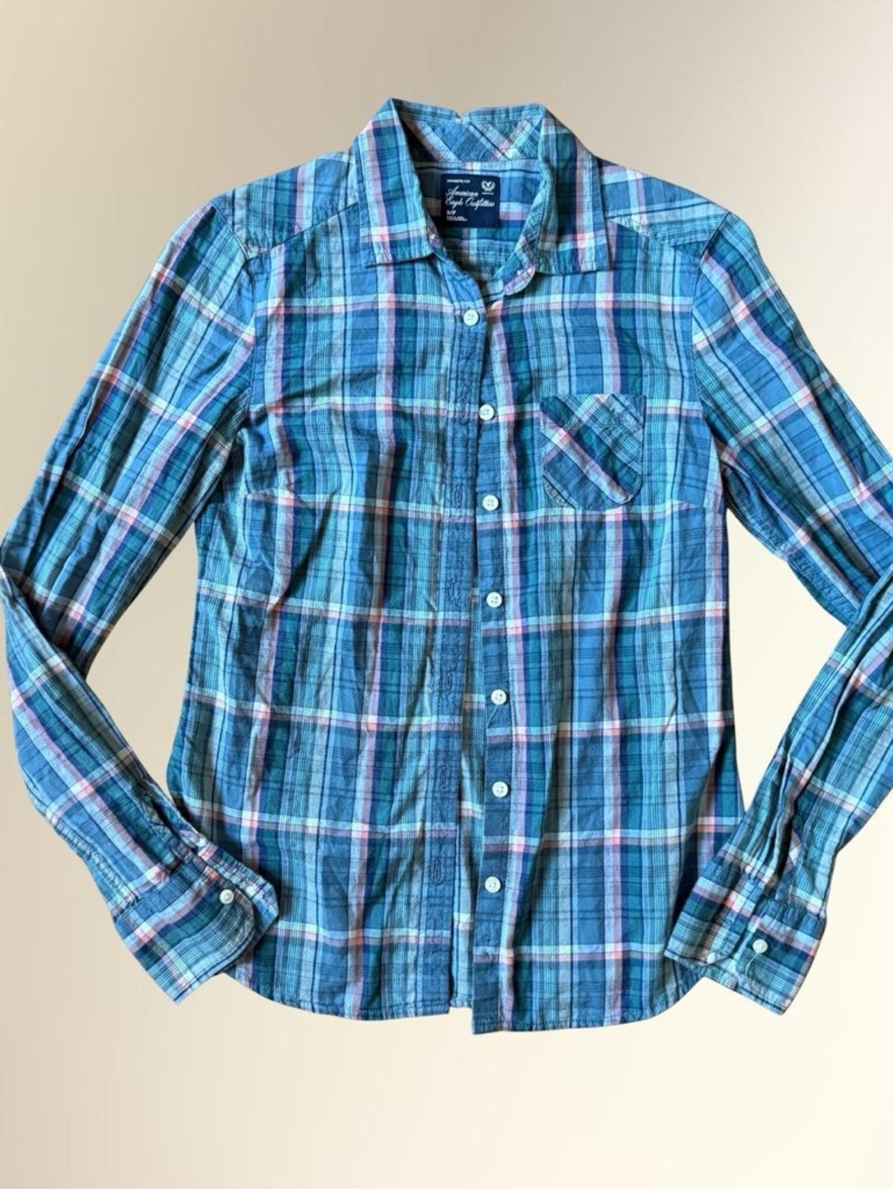 American Eagle Outfitters Blue Plaid Long Sleeve Button-Up